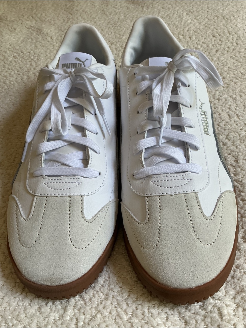 Puma White Leather & Cream Suede Sneakers with Gum Sole